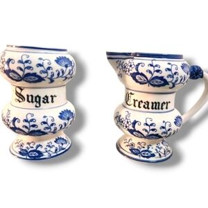 Antique Arnart Blue Onion Porcelain Creamer and Sugar Holders 1930s Blue Delft